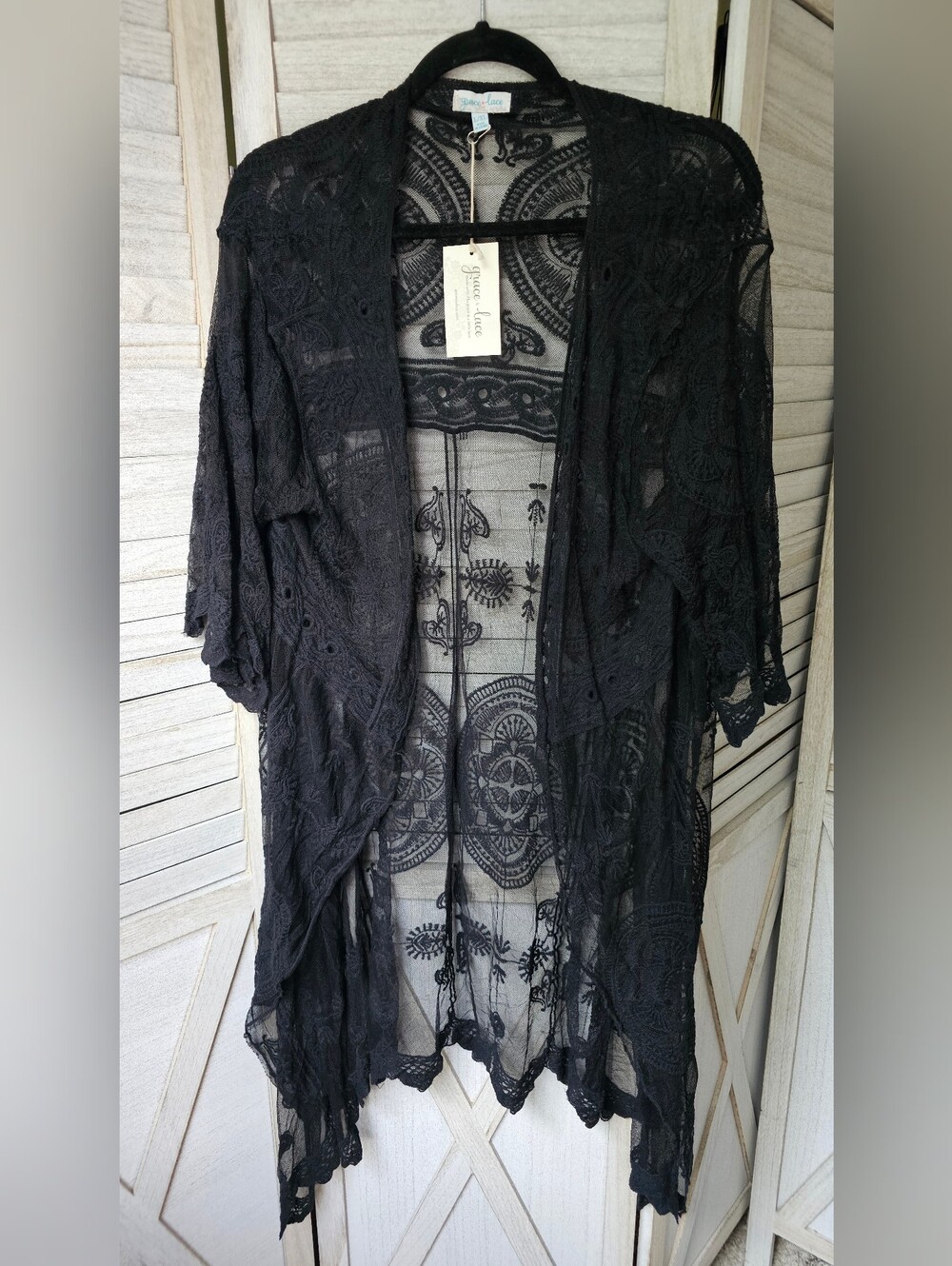NWT Grace & Lace Black Lace Open-Front Kimono